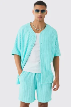 boohooMAN Heavy Jumbo Waffle Baseball Shirt & Short Set | UK| Sets & Co-Ords|Tracksuits