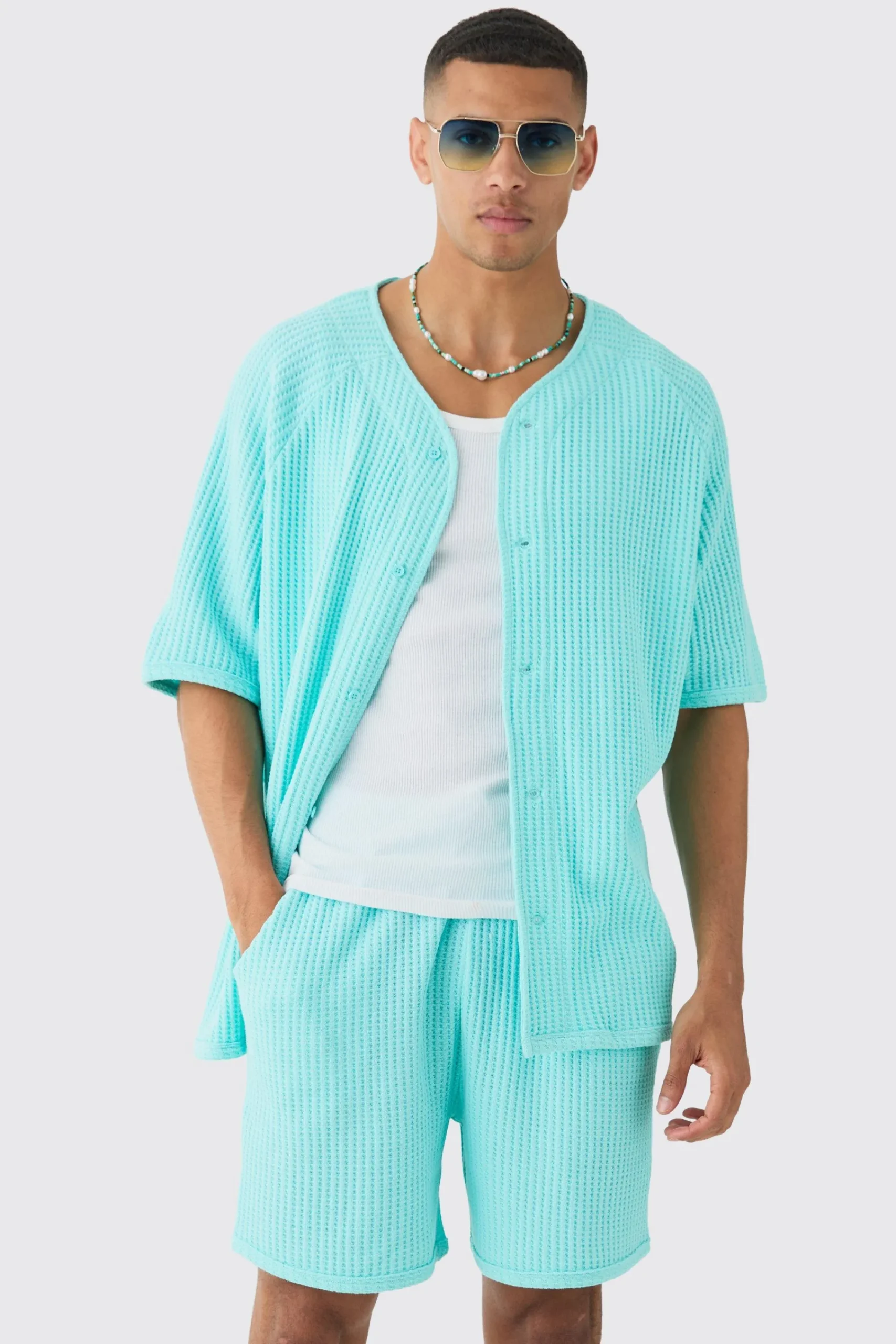 boohooMAN Heavy Jumbo Waffle Baseball Shirt & Short Set | UK| Sets & Co-Ords|Tracksuits