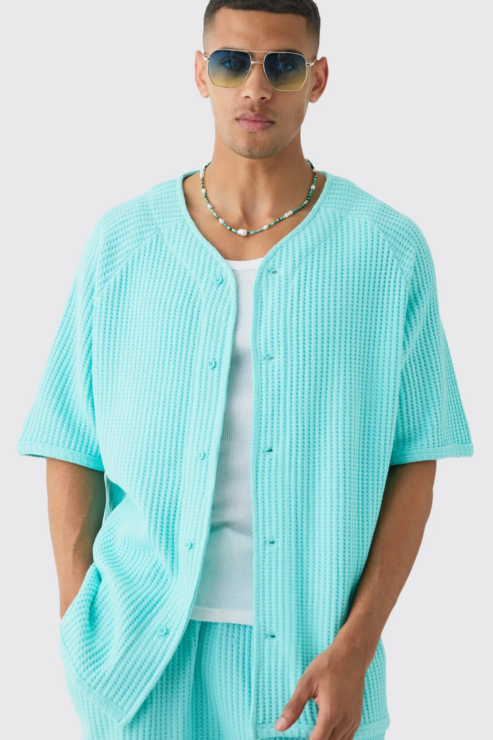 boohooMAN Heavy Jumbo Waffle Baseball Shirt & Short Set | UK| Sets & Co-Ords|Tracksuits