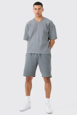 boohooMAN Heavyweight Ribbed Washed Short Sleeve Sweatshirt & Short Set | UK| Hoodies & Sweatshirts