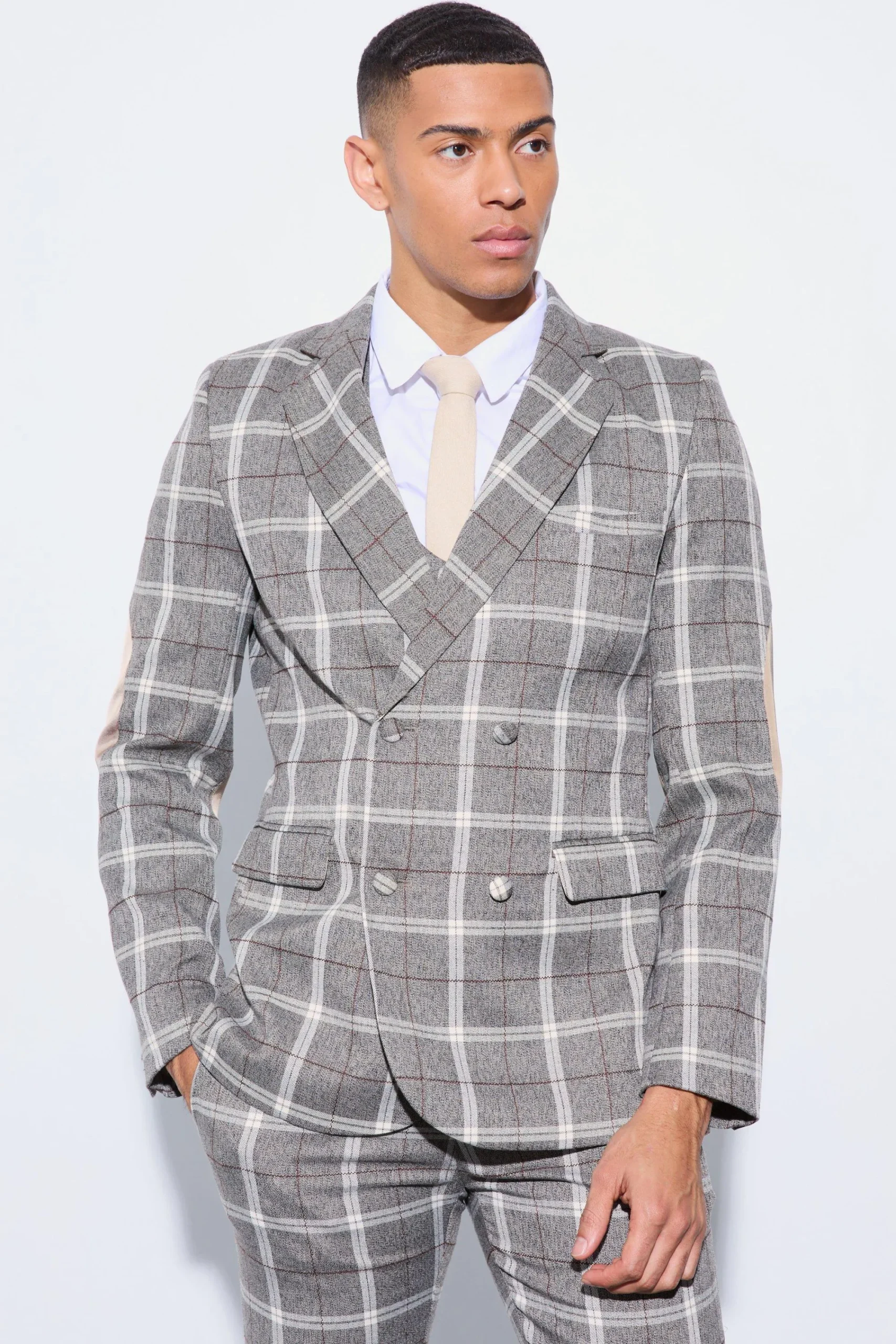 boohooMAN Herringbone Check Contrast Sleeve Panel Fitted Blazer | UK| Suits & Tailoring