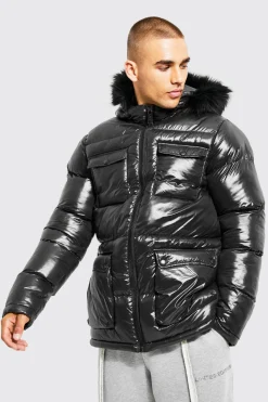boohooMAN High Shine 4 Pocket Fur Trim Hood Parka | UK| Coats & Jackets