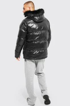 boohooMAN High Shine 4 Pocket Fur Trim Hood Parka | UK| Coats & Jackets