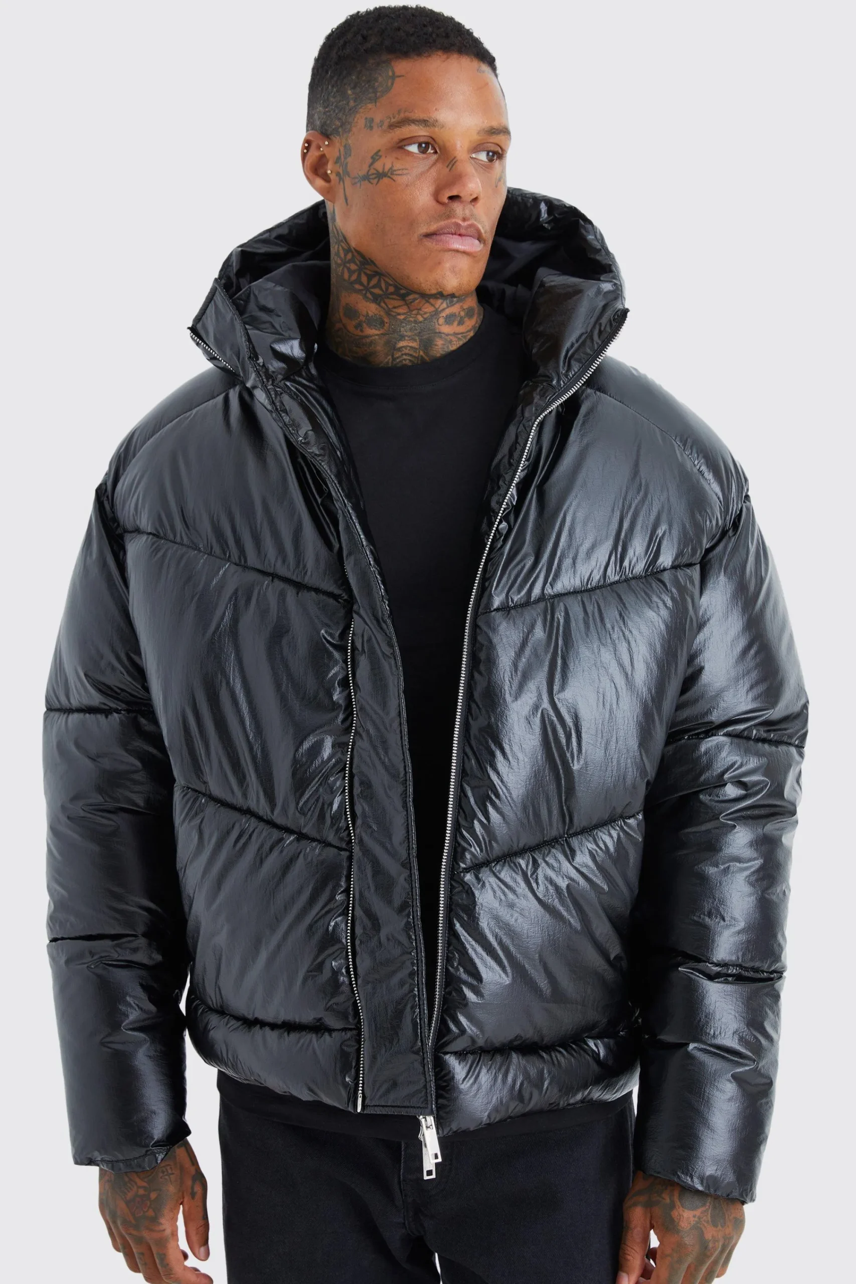 boohooMAN High Shine Hooded Puffer | UK| Coats & Jackets