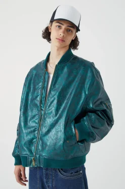 boohooMAN High Shine Pu Bomber With Embroidery | UK| Coats & Jackets