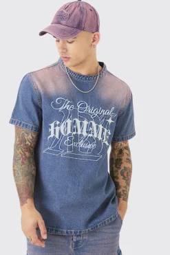 Homme Embroidered Short Sleeve Denim T-Shirt In | UK^boohooMAN Outlet
