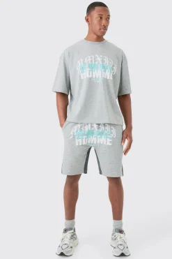 boohooMAN Homme Print Denim Gusset T-shirt And Short Set | UK| Sets & Co-Ords|Tracksuits