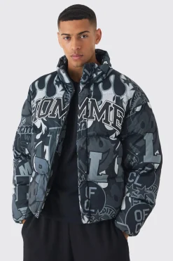 boohooMAN Homme Printed Funnel Neck Mesh Puffer Coat In | UK| Coats & Jackets