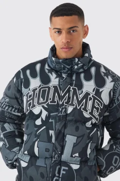 boohooMAN Homme Printed Funnel Neck Mesh Puffer Coat In | UK| Coats & Jackets