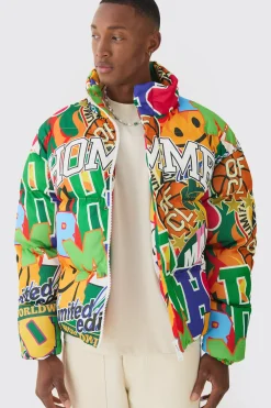 boohooMAN Homme Printed Funnel Neck Mesh Puffer Coat In | UK| Coats & Jackets