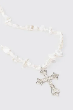 boohooMAN Iced Cross Pearl Necklace In | UK| Jewellery & Watches