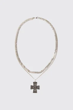 boohooMAN Iced Cross Pendant Double Chain Necklace In | UK| Jewellery & Watches