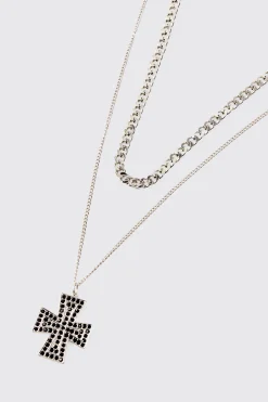 boohooMAN Iced Cross Pendant Double Chain Necklace In | UK| Jewellery & Watches