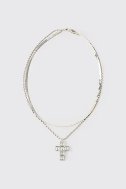 boohooMAN Iced Cross Pendant Double Chain Necklace In | UK| Jewellery & Watches