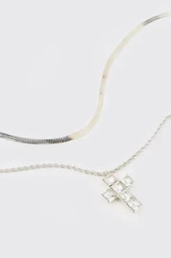 boohooMAN Iced Cross Pendant Double Chain Necklace In | UK| Jewellery & Watches