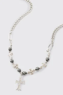 boohooMAN Iced Cross Pendant Pearl Necklace | UK| Jewellery & Watches
