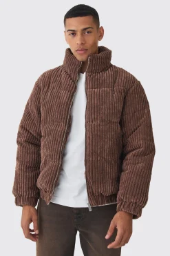 boohooMAN Jumbo Cord Funnel Neck Puffer Coat In | UK| Coats & Jackets