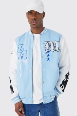 boohooMAN La Badge Jersey Varsity Bomber Jacket | UK| Coats & Jackets