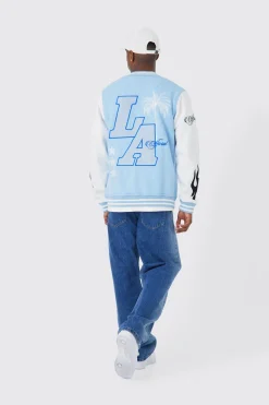 boohooMAN La Badge Jersey Varsity Bomber Jacket | UK| Coats & Jackets