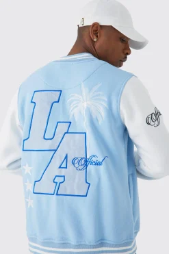 boohooMAN La Badge Jersey Varsity Bomber Jacket | UK| Coats & Jackets