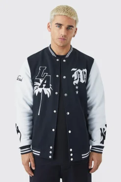 boohooMAN La Badge Jersey Varsity Bomber Jacket | UK| Coats & Jackets