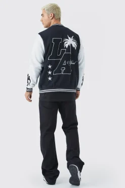 boohooMAN La Badge Jersey Varsity Bomber Jacket | UK| Coats & Jackets