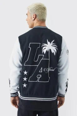 boohooMAN La Badge Jersey Varsity Bomber Jacket | UK| Coats & Jackets