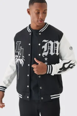 boohooMAN LA Badge Jersey Varsity Bomber Jacket | UK| Coats & Jackets