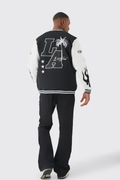 boohooMAN LA Badge Jersey Varsity Bomber Jacket | UK| Coats & Jackets