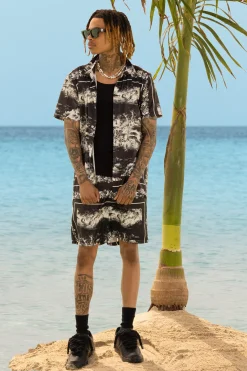 boohooMAN Landscape Satin Short Sleeve Shirt & Short Set | UK| Sets & Co-Ords