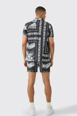 boohooMAN Landscape Satin Short Sleeve Shirt & Short Set | UK| Sets & Co-Ords