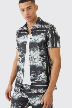 boohooMAN Landscape Satin Short Sleeve Shirt & Short Set | UK| Sets & Co-Ords