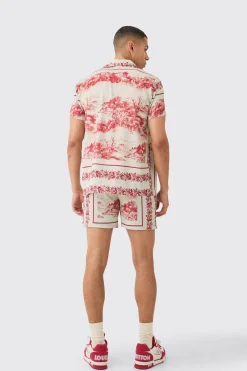 boohooMAN Landscape Satin Short Sleeve Shirt & Short Set | UK| Sets & Co-Ords