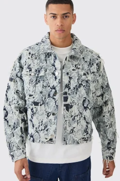 boohooMAN Lil Tjay Boxy Distressed Tapestry Denim Jacket | UK| Sets & Co-Ords|Coats & Jackets