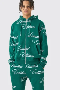 boohooMAN Limited Edition Script All Over Print Zip Hooded Tracksuit | UK| Tracksuits