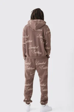 boohooMAN Limited Edition Script All Over Print Zip Hooded Tracksuit | UK| Tracksuits