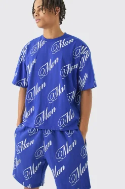 boohooMAN Limited Edition Script All Over Print Boxy Short Set | UK| Sets & Co-Ords|Tracksuits