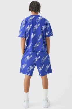 boohooMAN Limited Edition Script All Over Print Boxy Short Set | UK| Sets & Co-Ords|Tracksuits