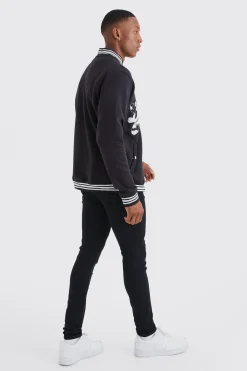 boohooMAN Limited Towelling Applique Jersey Bomber | UK| Coats & Jackets|Hoodies & Sweatshirts