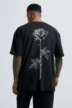 Line Drawn Rose Stem Print T-shirt | UK^boohooMAN Clearance