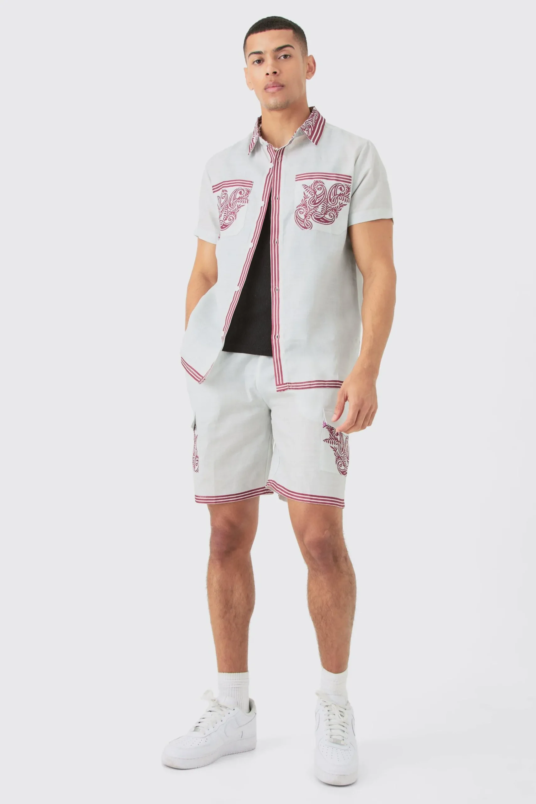 boohooMAN Linen Look Pocket And Collar Detail Shirt & Short Set | UK| Sets & Co-Ords