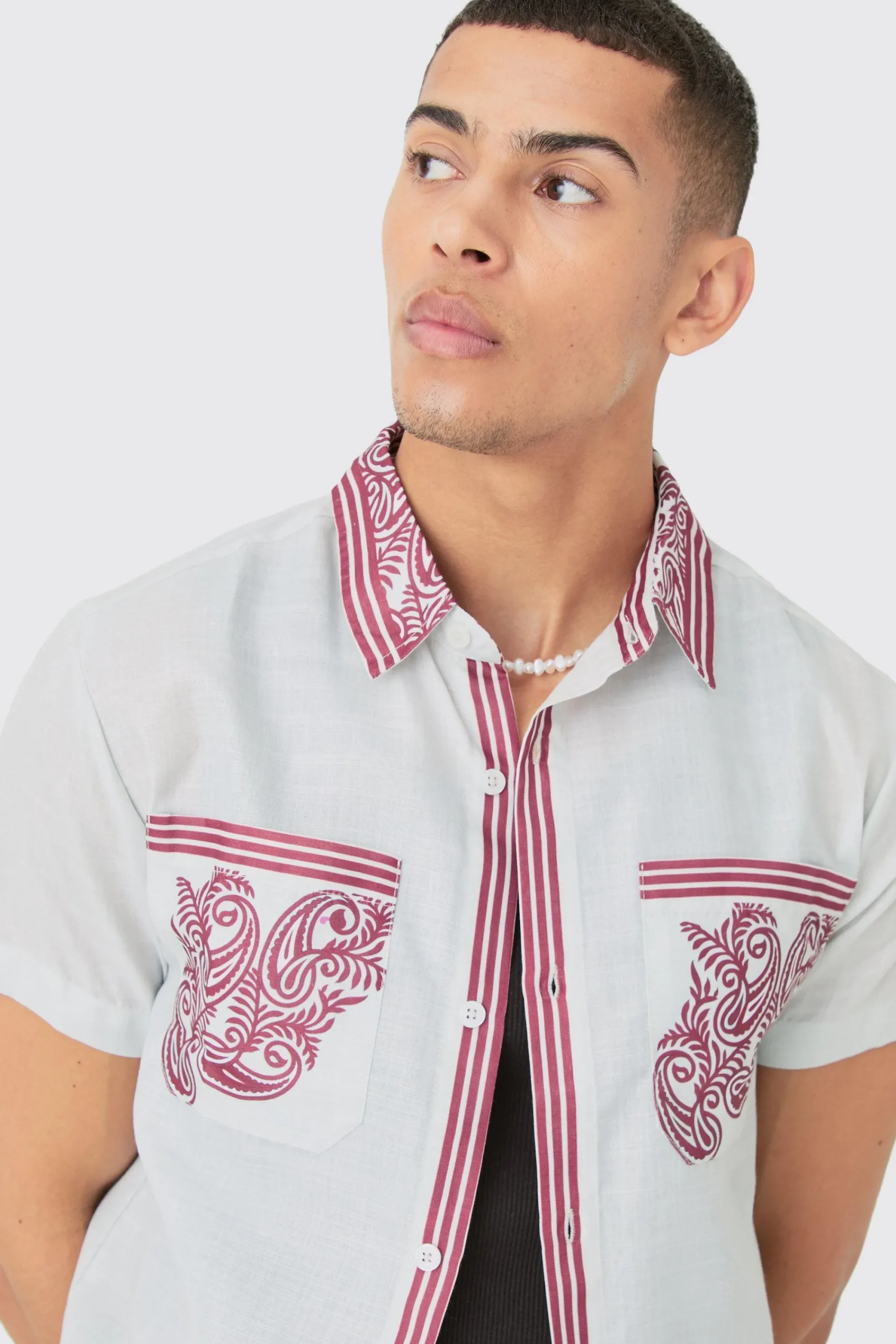 boohooMAN Linen Look Pocket And Collar Detail Shirt & Short Set | UK| Sets & Co-Ords