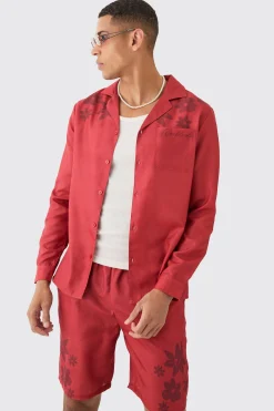 boohooMAN Linen Look Revere Tonal Floral Shoulder Shirt & Short Set | UK| Sets & Co-Ords