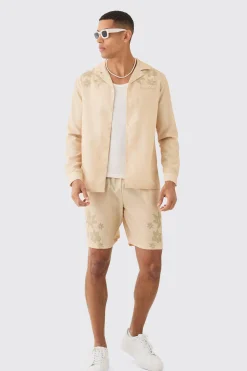 boohooMAN Linen Look Revere Tonal Floral Shoulder Shirt & Short Set | UK| Sets & Co-Ords