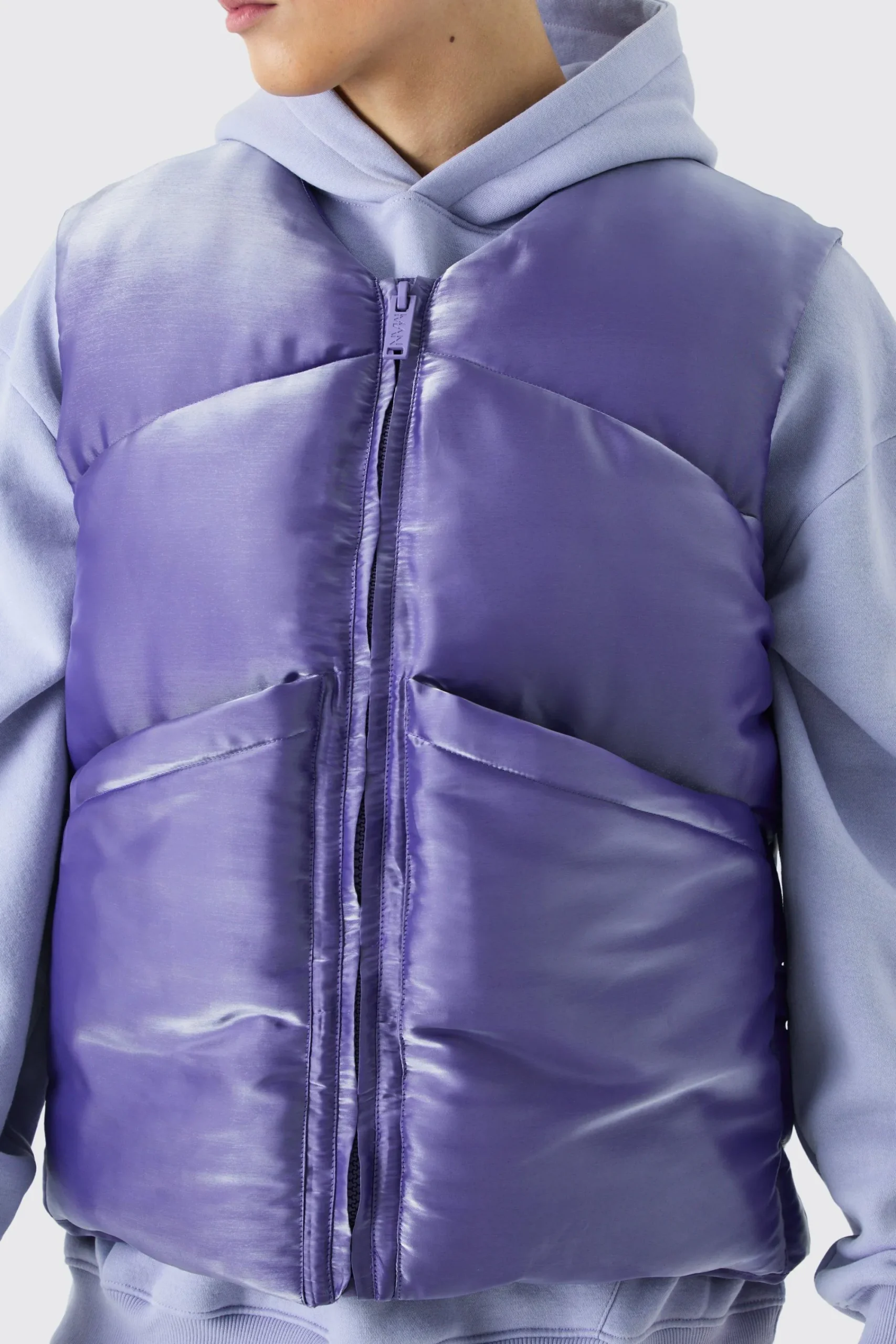 boohooMAN Liquid Metallic Nylon Padded Gilet | UK| Coats & Jackets