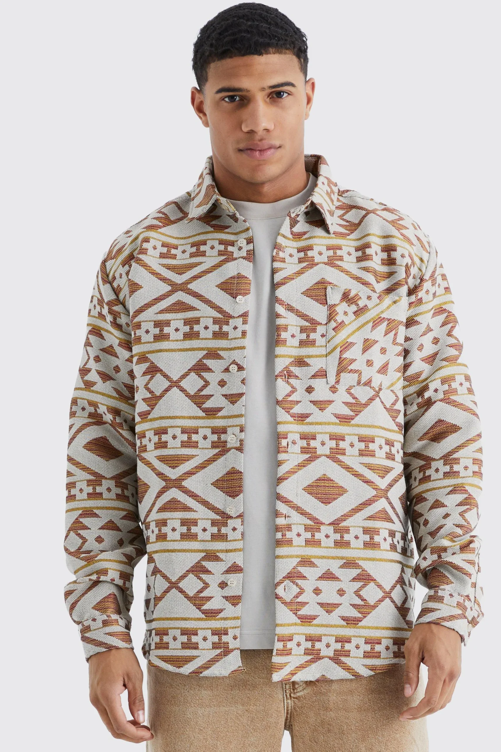 boohooMAN Long Sleeve Aztec Jacquard Oversized Overshirt | UK| Shirts