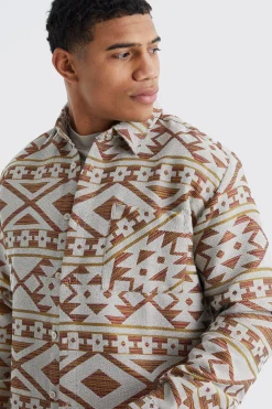 boohooMAN Long Sleeve Aztec Jacquard Oversized Overshirt | UK| Shirts