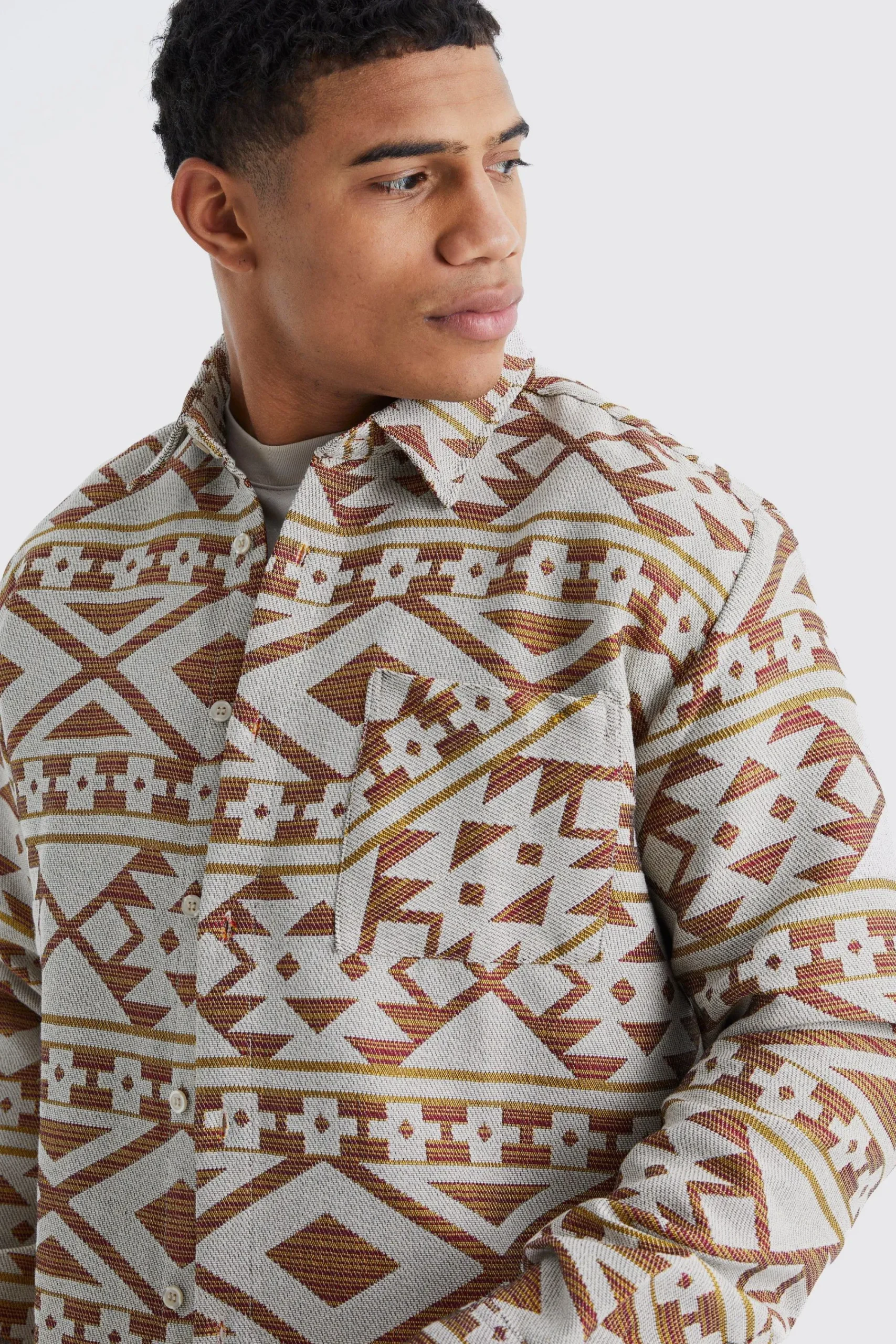 boohooMAN Long Sleeve Aztec Jacquard Oversized Overshirt | UK| Shirts