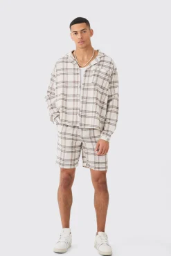boohooMAN Long Sleeve Boxy Tonal Textured Shirt And Short | UK| Sets & Co-Ords