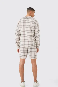 boohooMAN Long Sleeve Boxy Tonal Textured Shirt And Short | UK| Sets & Co-Ords